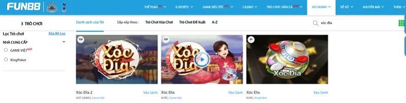 Sảnh game xóc đĩa FUN88 đỉnh nhất hiện nay